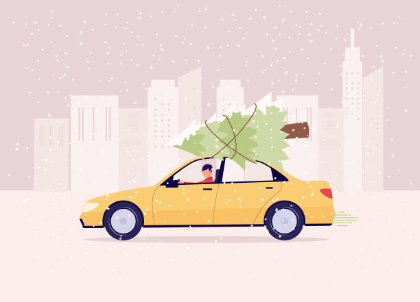 一名男子驾驶着车顶系着圣诞树的汽车。图片下载