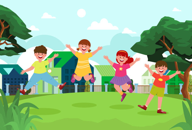 孩子们上幼儿园的第一天，蹦蹦跳跳，玩得开心。图片下载