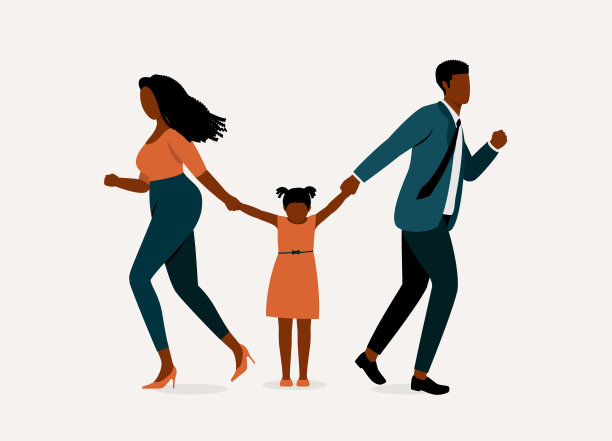 黑人夫妇离婚争夺孩子的抚养权。父母拉着女儿的胳膊朝相反的方向走。图片下载
