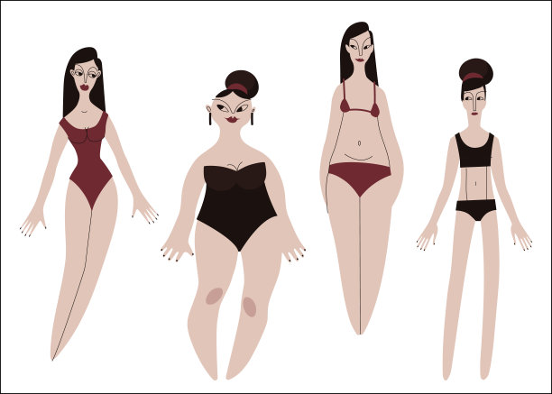 四个穿泳装的亚洲女人。不同的身体大小和形状。多样性。苍白的皮肤和深色的头发。矢量插图在平面风格图片下载