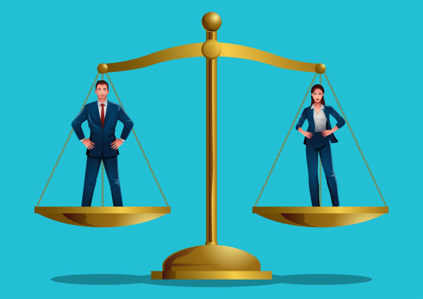 一个商人和一个女商人平等地站在金色的天平上图片下载