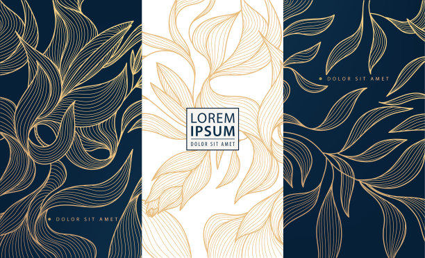 一组矢量设计元素标签，框架，婚礼请柬，社交网络故事，包装，奢侈品，香水，肥皂，葡萄酒。线条金色的背景，花卉图案与树叶图片下载