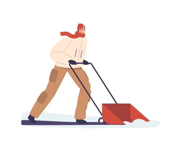 决心妇女在冬装努力清除积雪从街上，与积雪覆盖的景观，向量图片下载