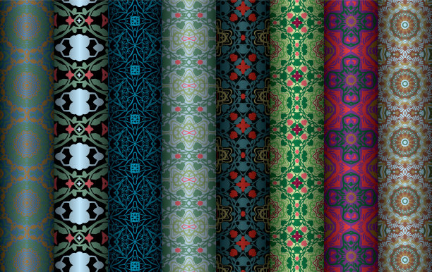 彩色无缝图案束、曼陀罗图案、碎花图案、插画、女式长裙图案、时装、面料、无缝重复图案设计。女式长裙图案设计，矢量复古艺术插图蜡染，扎染，部落，图片下载