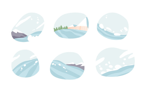 集景与冬季度假胜地景观激流回旋门，滑梯和云杉。滑雪胜地定居点图片下载