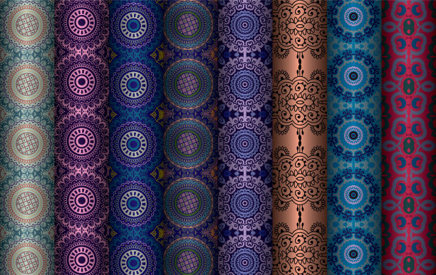 彩色无缝图案束、曼陀罗图案、碎花图案、插画、女式长裙图案、时装、面料、无缝重复图案设计。女式长裙图案设计，矢量复古艺术插图蜡染，扎染，部落，图片下载