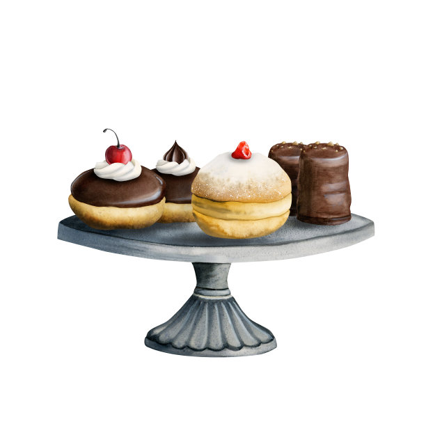 光明节传统甜甜圈手绘水彩插画，光明节糕点和巧克力棉花糖图片下载