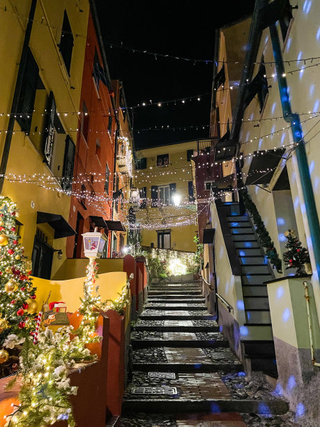 Boccadasse街道的街角，建筑和建筑物在夜晚的圣诞装饰库存照片图片下载