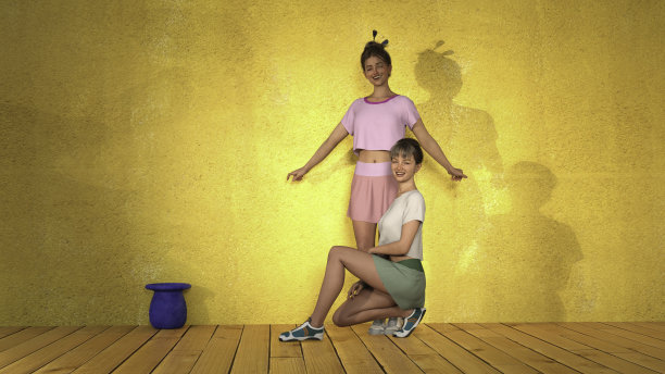 女士们在黄色背景下做模特。3 d渲染。图片下载