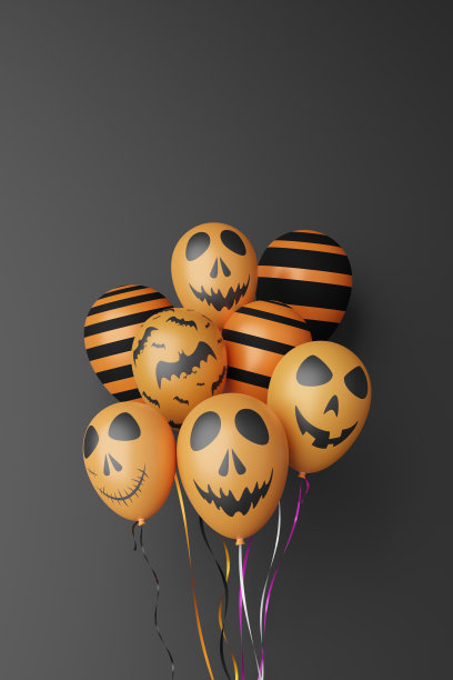 3D插图节日万圣节概念，黑色背景上的橙色和黑色幽灵气球，复制空间3D渲染贺卡图片下载
