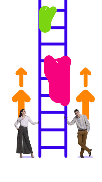 海报。当代艺术拼贴，现代创意艺术品。商务人士、办公室职员看着水花飞溅——同事们顺着箭头沿着梯子往上走。图片下载