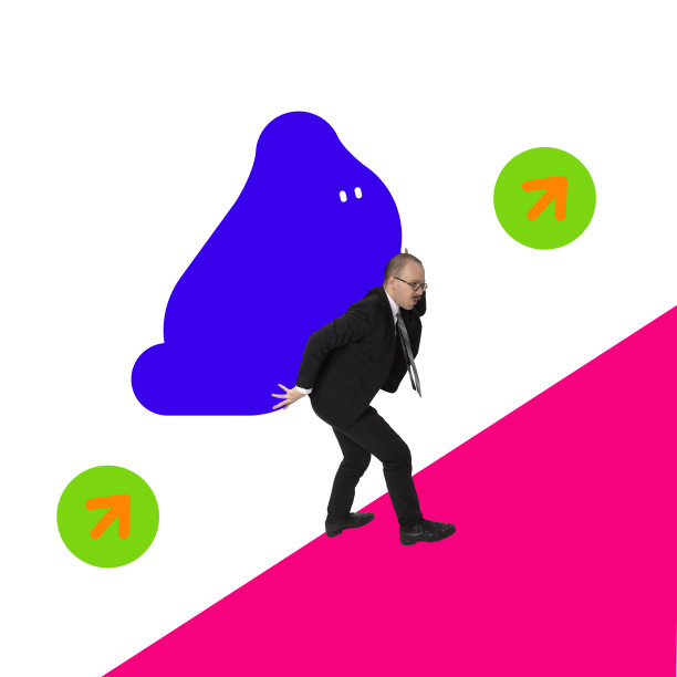 海报。当代艺术拼贴，现代创意艺术品。商人、上班族背着象征职责的巨大蓝色水花跟随箭头。图片下载