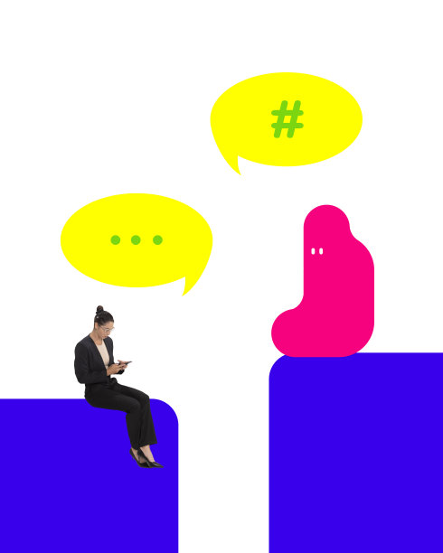 海报。当代艺术拼贴，现代创意艺术品。商务女性、上班族和亮粉色水花坐在亮蓝色的柱子上。业务emial。图片下载