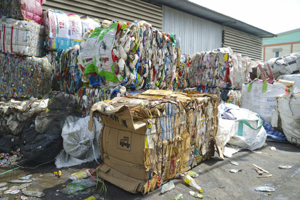 回收和储存废物作进一步处理，垃圾分类。回收的易拉罐、废纸、废塑料压成捆的图片图片下载