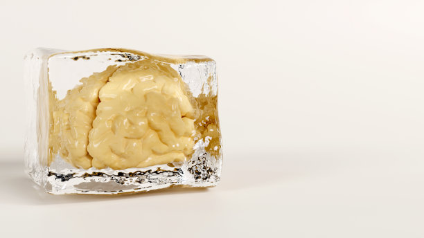 3D渲染冰冻的人类大脑在一个彩色背景的冰块内，停止，打击，出了主意，大脑冻结的概念图片下载