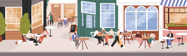 人们坐在餐厅的夏日露台上等待点菜。咖啡厅外的桌子，咖啡厅，咖啡馆露台。城市街道全景，带自助餐厅窗户的城市立面。平面矢量图图片下载