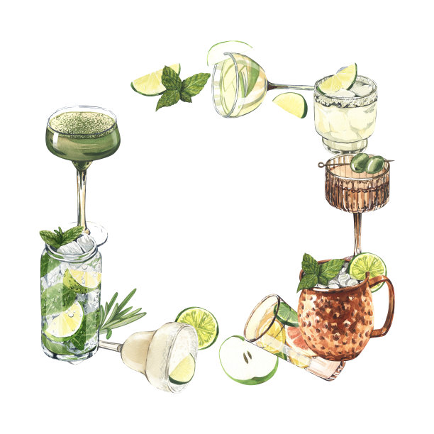 水彩框架，鸡尾酒杯:马提尼，杜松子酒，玛格丽塔酒，莫吉托，白酒，朗姆酒，莫斯科骡子。手绘插图孤立在白色背景。完美的食谱与酒精饮料，咖啡馆图片下载