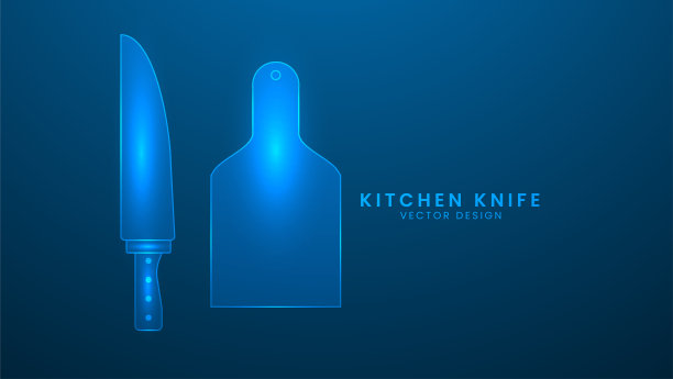 菜刀。蓝色背景的器具、工具和烹饪图片下载