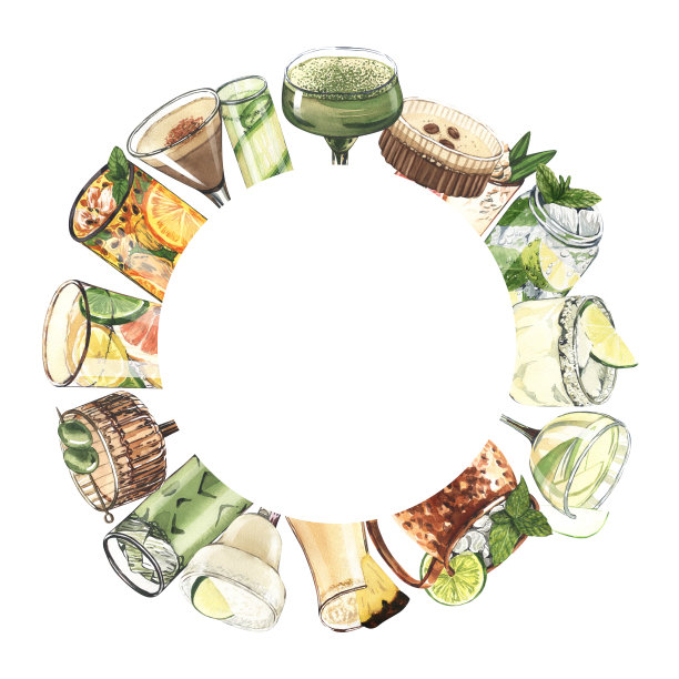 水彩圆框，鸡尾酒杯:马提尼，杜松子酒，玛格丽塔酒，莫吉托，白酒，朗姆酒，莫斯科骡子。手绘插图孤立在白色背景。适合搭配酒精饮料的食谱图片下载