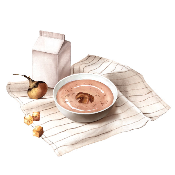 厨房毛巾上放着一碗浓汤，旁边放着一盒奶油或牛奶、面包丁和洋葱。奶油汤配方。家乡菜。食物水彩画。设计菜单，有食谱的烹饪书，关于烹饪的博客图片下载
