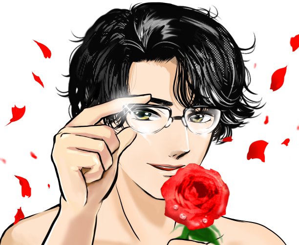 卡通风格的彩色插图，一个英俊的男人带着眼镜微笑，没有上半身和花园的背景。图片下载