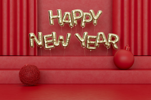 新年快乐的气球在红色的讲台上，圣诞的背景。图片下载
