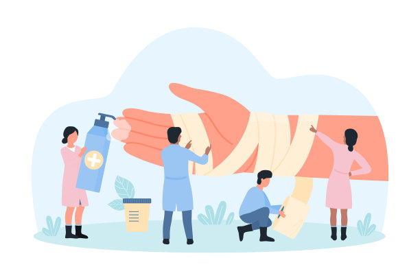 手伤的医疗护理，微小的人包扎有伤口的病人巨大的受伤的手图片下载