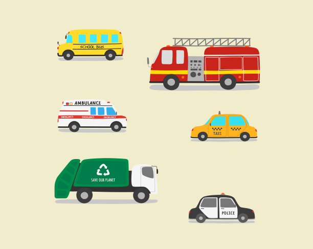 一套简单的卡通特种车辆插图图片下载