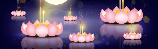 端午节。粉红色的莲花花瓣在蓝色的水面上漂浮，节日的天空倒影在河中。矢量插图。图片下载