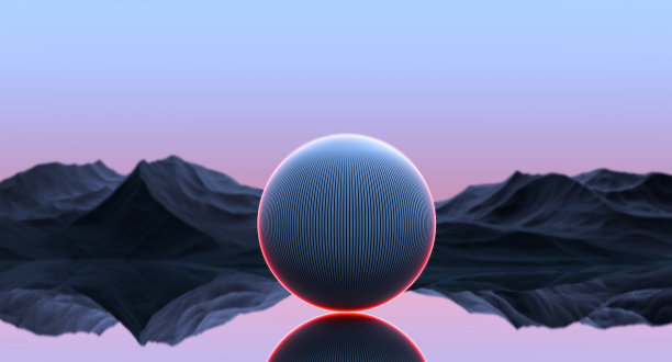 抽象幻想景观上发光的金属球水上群山之间，多岩石的山地地形。幻想抽象的风景、壁纸。三维渲染图片下载