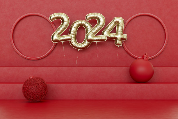 2024年新年的气球和空框在红色的讲台上，圣诞的背景。图片下载