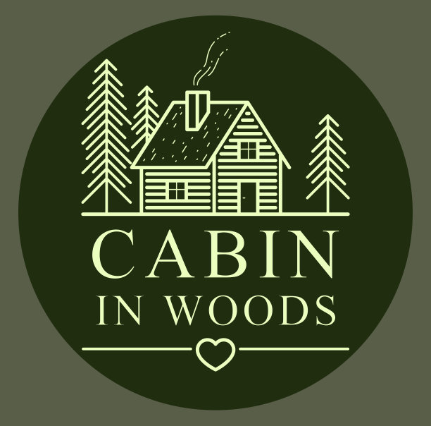 木屋在树林里与松树线性向量自然会徽黑暗，木屋小屋休息，假期和假期主题线艺术绘画，木屋度假村标志。图片下载