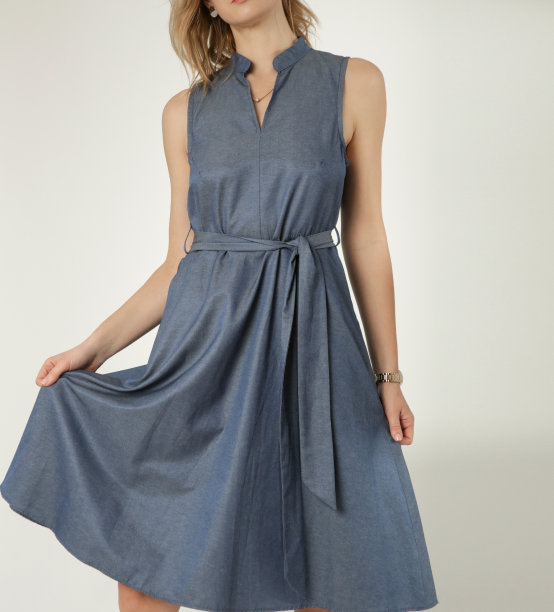 一系列穿着棉质牛仔无袖连衣裙的年轻女模特的工作室照片。经典简约的夏季时尚。图片下载