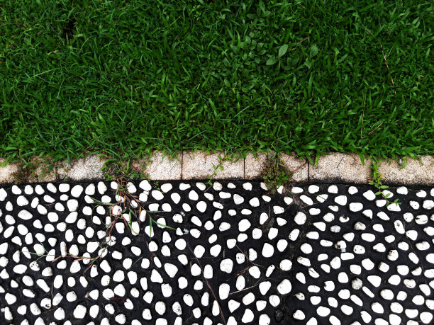 公园景观。白鹅卵石和黑石头组成了一条人行道。石头的道路。公园的道路。石头的道路。园林绿化，特写照片图片下载