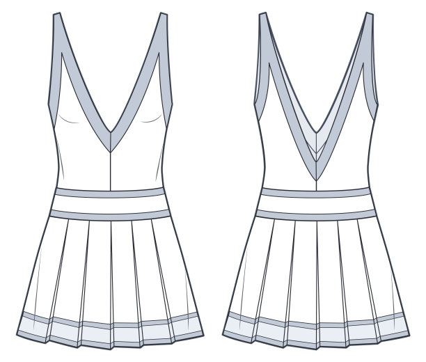 百褶裙技术时尚插画，条纹设计。连衣裙时尚平面技术图纸模板，深v领，迷你裙，无袖，正面，后视图，白色，女装CAD样板。图片下载