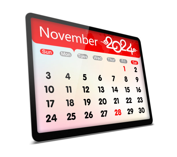 (剪辑路径)十一月2024日历上的数字平板电脑隔离图片下载
