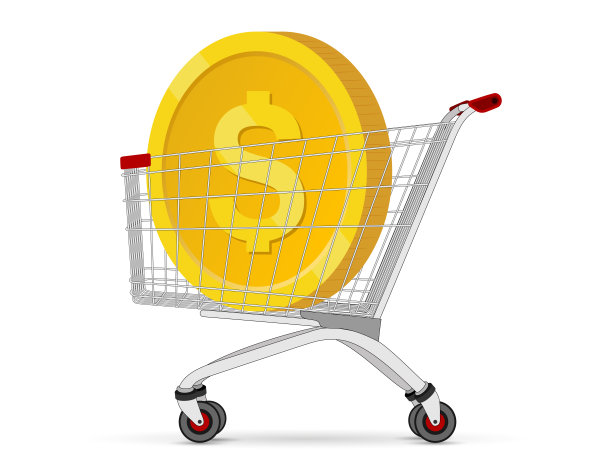 装有一美元硬币的超市推车。图片下载
