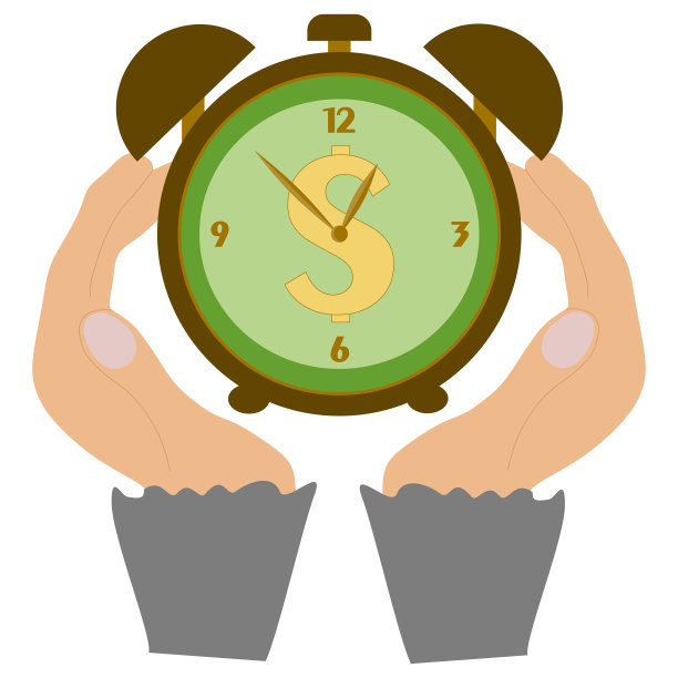 女商人手持时钟。时间就是金钱。矢量时间和财务管理插图。平面式商务图片。女人的手和手表。时机，计划，企业家，会议。图片下载