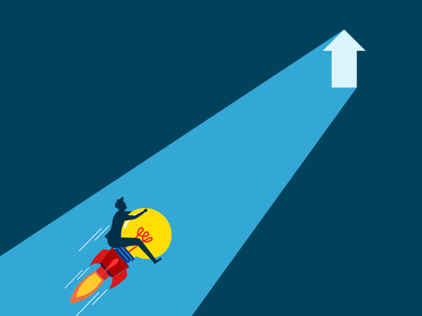 增长知识。商人乘坐灯泡火箭带着发光的箭飞向门口图片下载