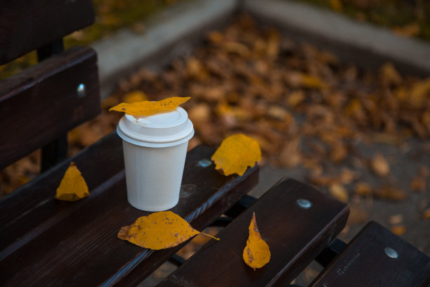 咖啡站在被秋叶包围的长凳上。秋天的温暖和舒适。暖秋照片图片下载