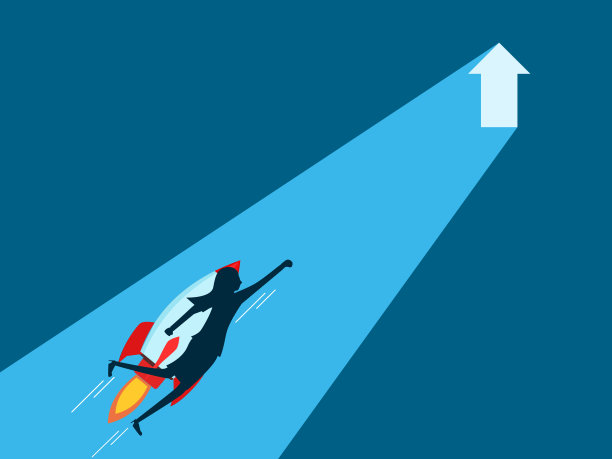 增长。女商人乘火箭飞向大门，带着发光的箭图片下载