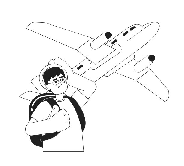 兴奋的男人观看飞行飞机的单色概念矢量插画图片下载