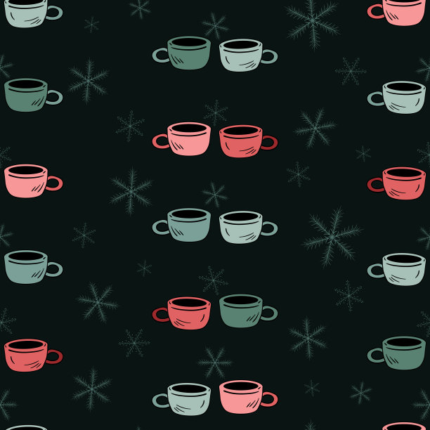 两个可爱的冬季杯咖啡或茶和雪花无缝图案。手绘涂鸦对咖啡杯与雪花在黑暗的背景。图片下载