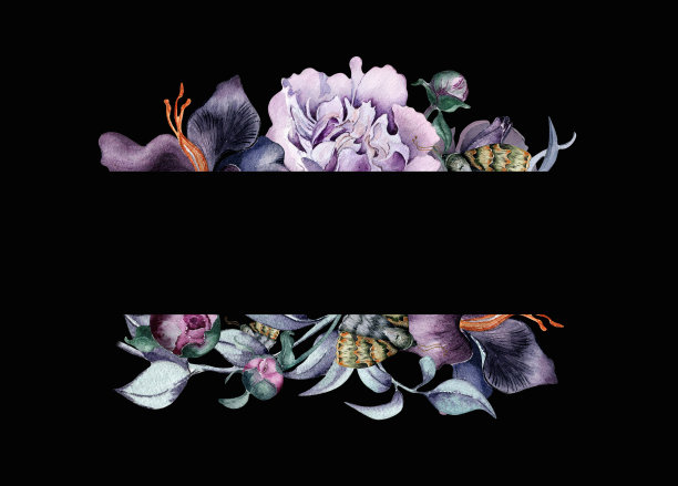 水彩框架的紫色粉红色百合花孤立的黑色。哥特式花牡丹叶手绘插图。哥特式婚礼装饰复古风格。邀请函的元素，包装图片下载