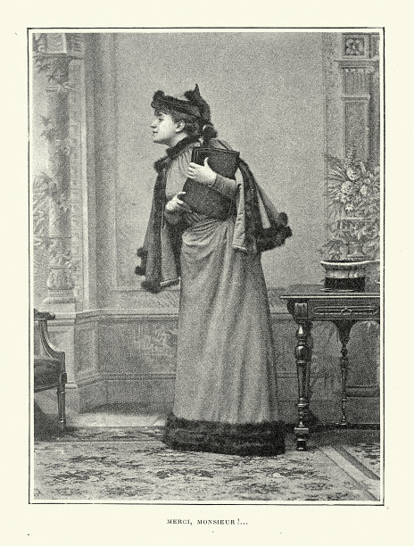 年轻女子拿着一本书说“谢谢，先生”，19世纪90年代的法国图片下载