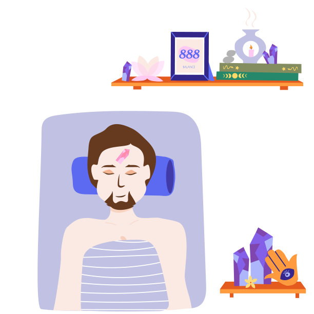 水晶愈合。男人们在宝石治疗床上放松。图片下载