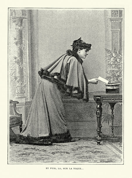 年轻女子拿着一封信，Et puis, la, sur la toque, 19世纪法国19世纪90年代图片下载