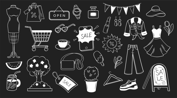 夏天的城市购物。商品出售。涂鸦设置在黑暗的背景。服装、鞋子、香水、珠宝、配饰。图片下载