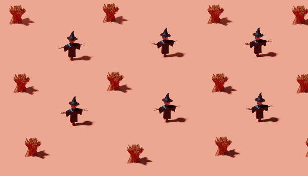 橙色背景上的稻草人。咖啡馆，菜单，餐厅。3d模板背景。万圣节图片下载