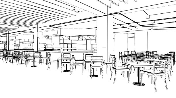 百货大厅区域的线条绘制，食品店的剖面图，3d渲染图片下载